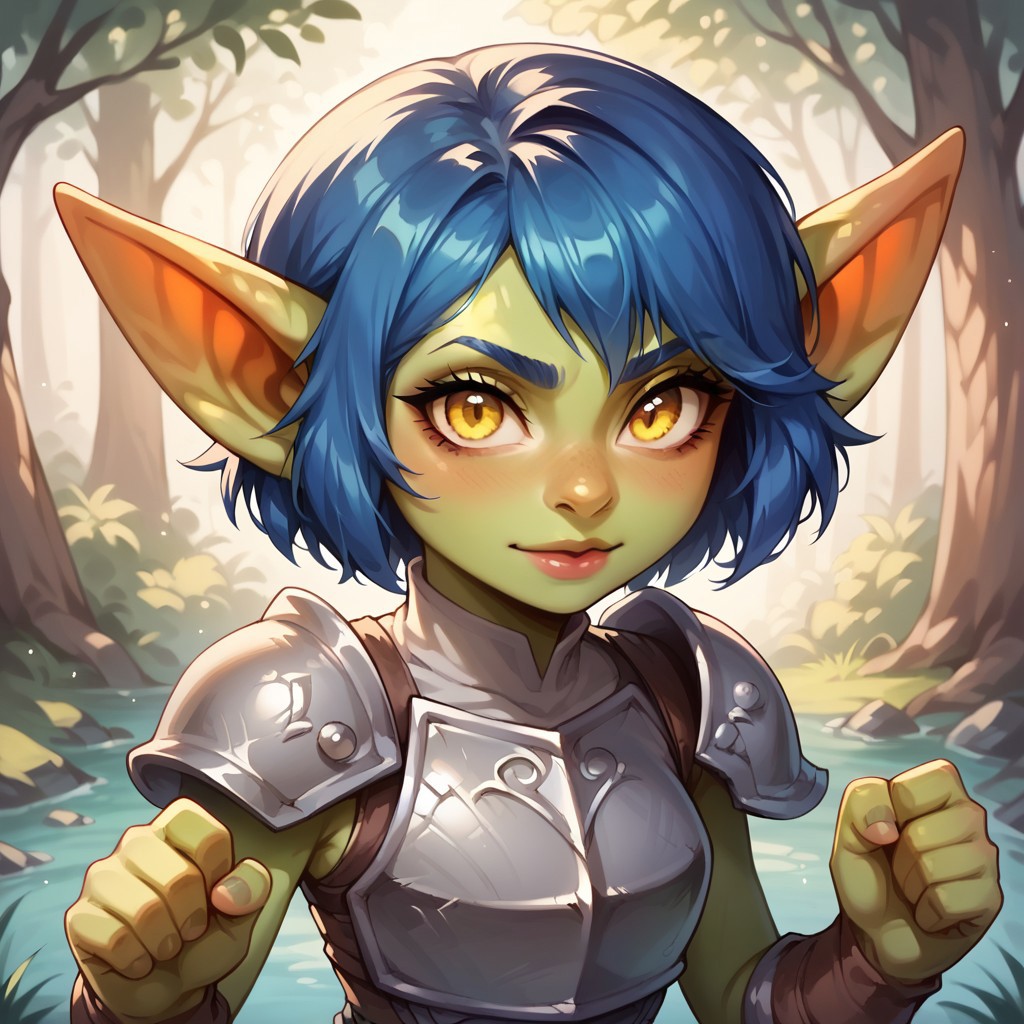 (((detailed, beautiful, high quality))), score_9, score_8_up, score_7_up, solo, upper body,
goblin, short stature, shortstack, long pointed ears, big eyes,
1girl, female focus, blue hair, short hair, yellow eyes, green skin, grey armor,
(looking at viewer:1.2), posing,
forest, fighting pose, dynamic pose,