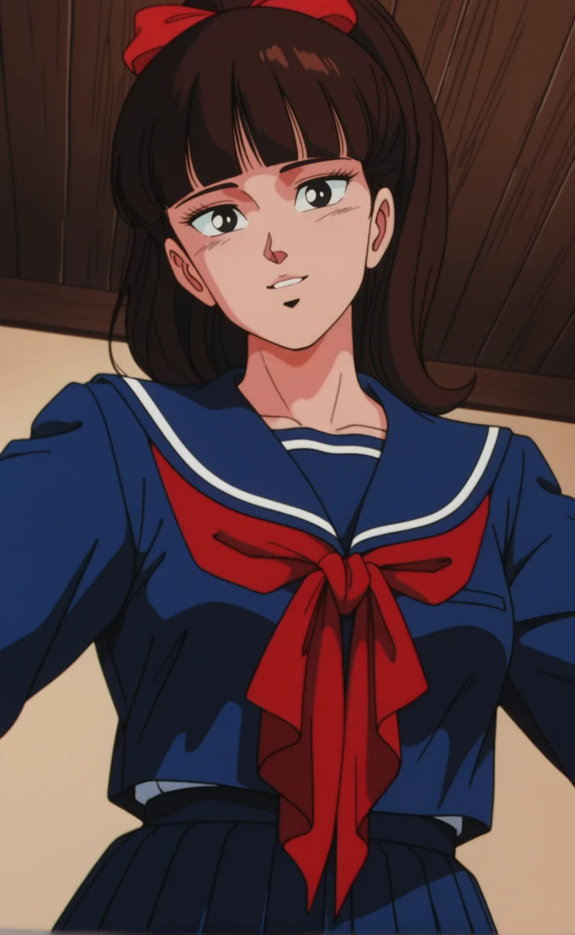 1girl,h1sch0lm1stery1masu0m1suz, retro artstyle,1980s \(style\), solo,ponytail,brown hair,black hair,blunt bangs,medium breasts, black eyes, school uniform, red bow, sailor collar, blue serafuku, red neckerchief, long skirt,indoors,living room,,light smile ,,,,from below ,upper body ,parted lips ,looking at viewer,best quality,masterpiece,sensitive,<lora:HighSchoolMisteryMasuoMisuzuNoobAI:1>