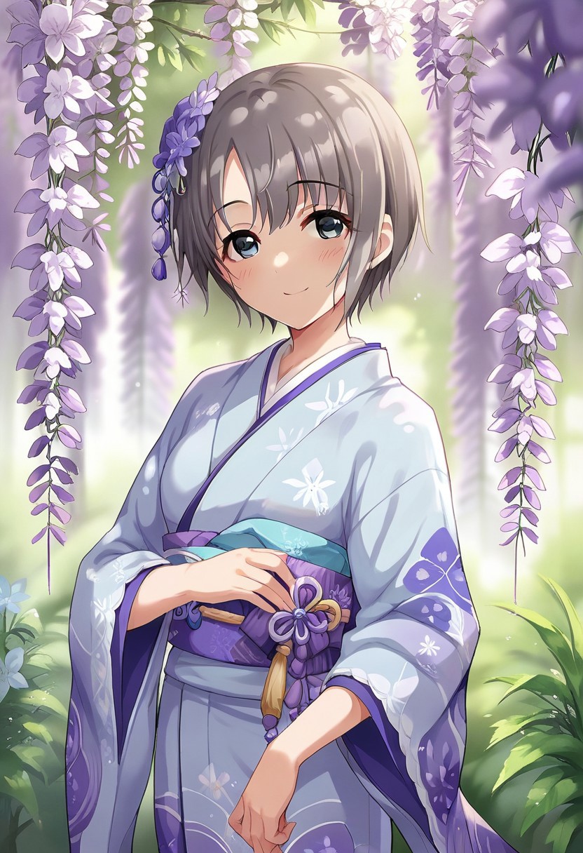 score_9, score_8_up, score_7_up, source_anime,otokura yuuki, short hair, grey hair, black eyes, 1girl, solo, japanese clothes, kimono, wisteria, hair ornament, flower, blush, looking at viewer, smile