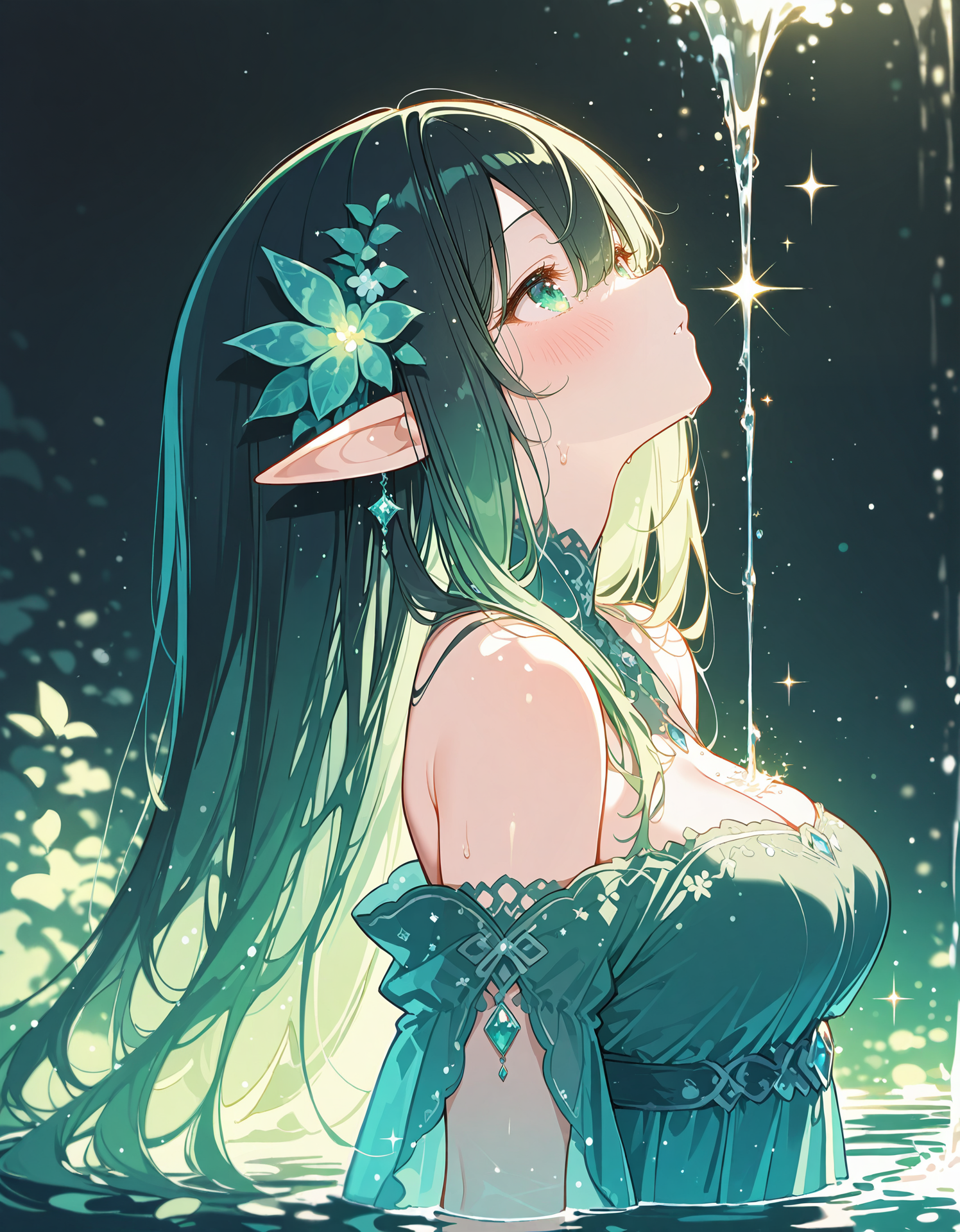 masterpiece,  best quality, newest, highres, absurdres,   <lora:Bright_style:1>,Bright_illu, 1girl, solo, long hair, pointy ears, green eyes, green hair, upper body, from side, parted lips, bare shoulders, elf, bangs, off shoulder, breasts, black hair, blush, hair between eyes, multicolored hair, dress, looking up,water,sparkle, light particles, motion blur,