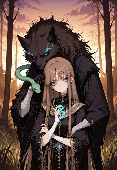 masterpiece, best quality, amazing quality, very aesthetic, absurdres, newest, 8k, detailed background, ccstyle, high_detail,
BREAK, 
1girl, very long hair, straight hair, crownbraid, bone jewelry, brown hair, black sclera, blue eyes, green flying snake, glowing green snake, flying snake on hand, ornate robe, sleeveless, golden trim, black robe, torn hand wraps, green magic, eye trail, spirit wolf, shadow wolf familiar, threatening aura, looking at viewer, dynamic pose, face focus, head tilt, upper body shot, hug from behind, shadow claws, 
BREAK, outside, dusk, storm clouds, golden hour, swamp, forest, trees, low hanging fog, tall grass, warm coloring, golden sunlight, detailed background, dramatic lighting, depth of field, volumetric lighting,
