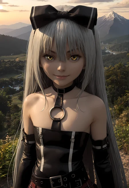 score_9, score_8_up, score_7_up,looking at viewer, shiny skin, upper body, light smile, petite,ohwx, grey_hair, long_hair, yellow_eyes, collarbone, very_long_hair, grey_eyes, hair_between_eyes, white_hair, short_hair, flat_chest, breasts,bare_shoulders, choker, bow, hair_bow, collar, ribbon, dress, skirt, black_bow, belt, black_dress, hair_ribbon, pantyhose, cosplay, gloves, elbow_gloves, black_pantyhose, hairband, thighhighs, shoes, necktie, pleated_skirt, o-ring, gothic_lolita, Japanese rice fields at sunset, soft golden light, mountain backdrop, serene and natural scene,<lora:sora_pony_sobsynapse-000003:0.9>
