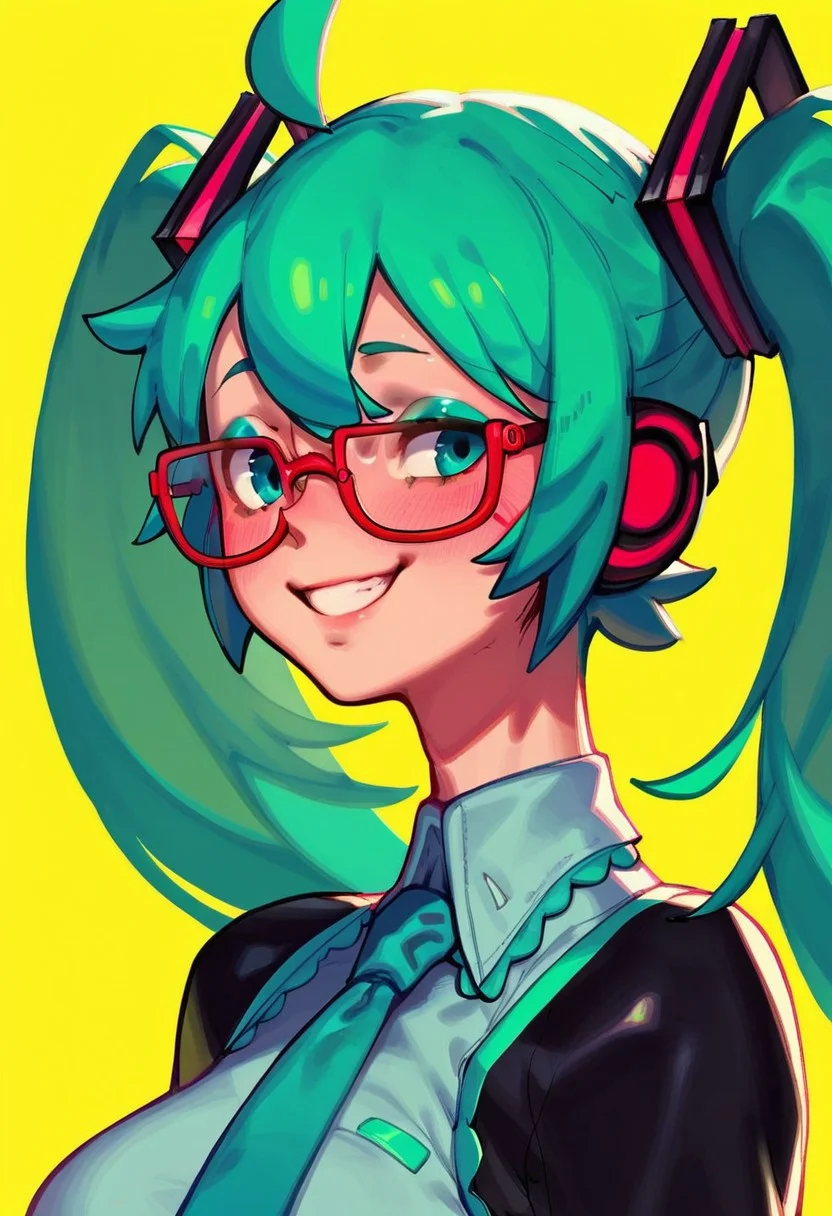 score_9, score_8_up, score_7_up, GERPH_style, 1girl, solo, hatsune miku, [ahoge], aqua eyeshadow, glasses, semi-rimless eyewear, nerd, light smile, half body