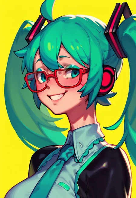 score_9, score_8_up, score_7_up, GERPH_style, 1girl, solo, hatsune miku, [ahoge], aqua eyeshadow, glasses, semi-rimless eyewear, nerd, light smile, half body