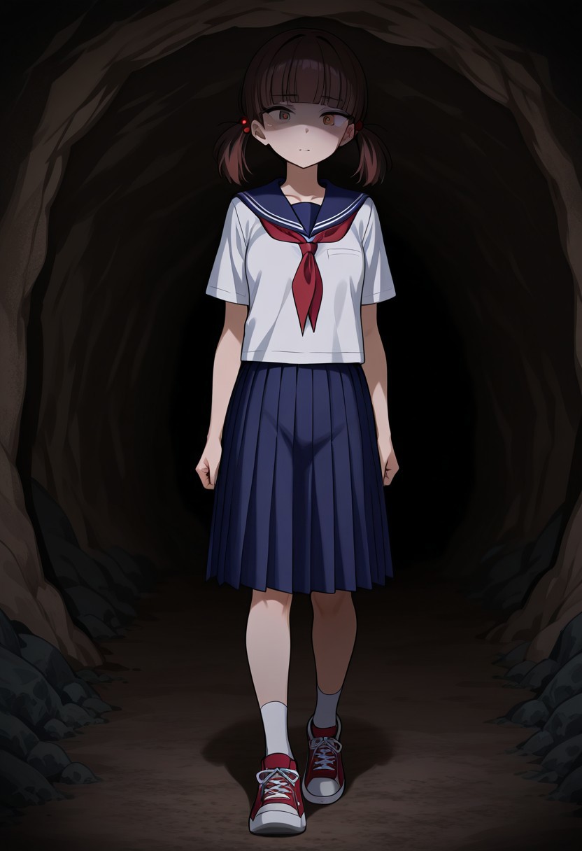masterpiece, best quality, absurdres, 1girl, solo, female focus, rinko_inh, brown eyes, brown hair, short twintails, low twintails, hair bobbles, blunt bangs, small breasts, serafuku, sailor collar, blue sailor collar, neckerchief, red neckerchief, white shirt, short sleeves, blue skirt, pleated skirt, white socks, socks, sneakers, red footwear, full body, cave, underground, mine (place),  determined expression,( dark:0.7), walking towards viewer