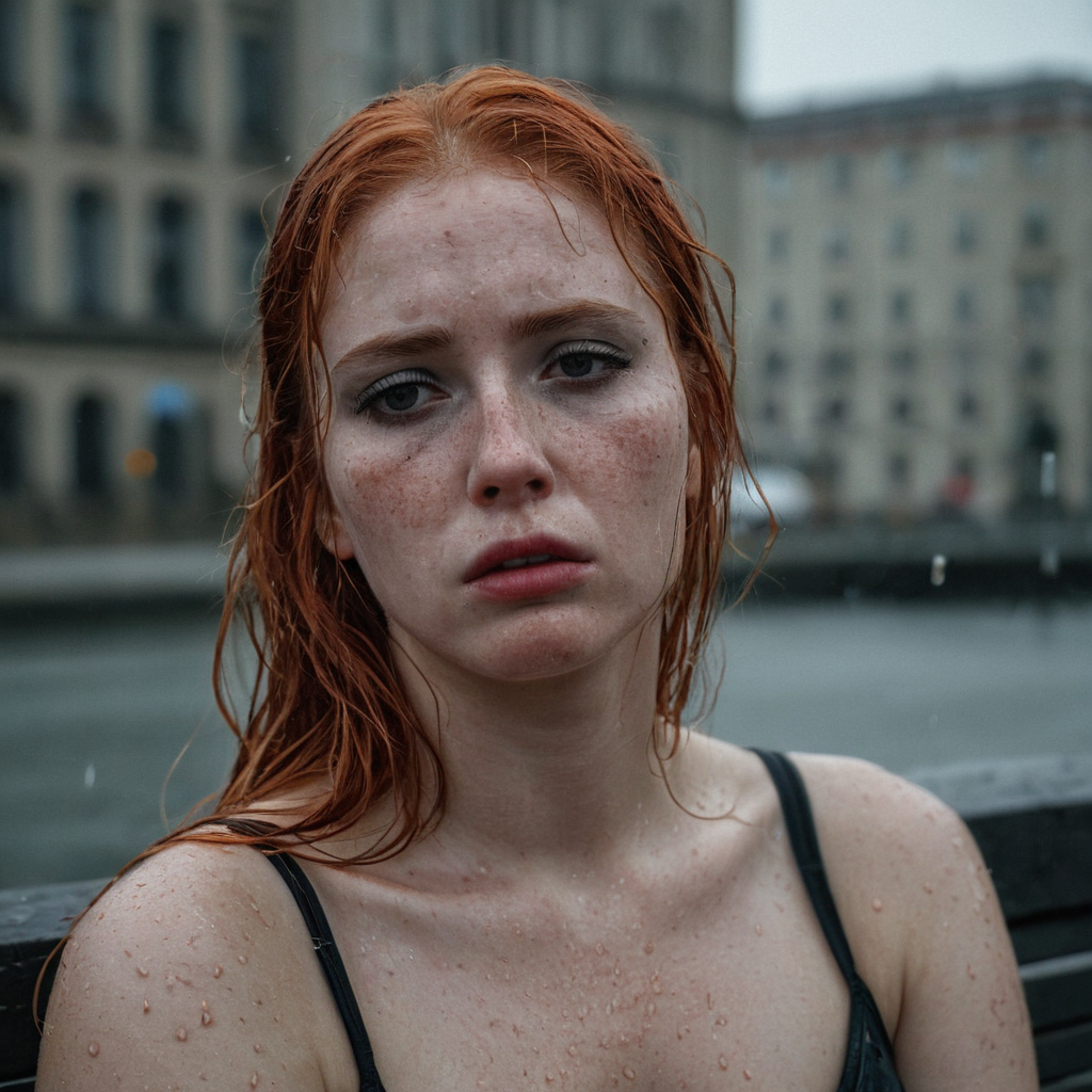 exotic woman, candid photo, slightly overweight, real curves, realistic, sad, crying, desperate, heartbroken, tears, __Eyecolor__ eyes, extremely wet __Haircolor__ hair, ((dark makeup)), hyperdetailed photography, soft light, head and shoulders portrait, freckles:0.1, cover, soft light, sitting on a bench, gray wet city background, soft __Neoncolors__ neon signs on the distance.