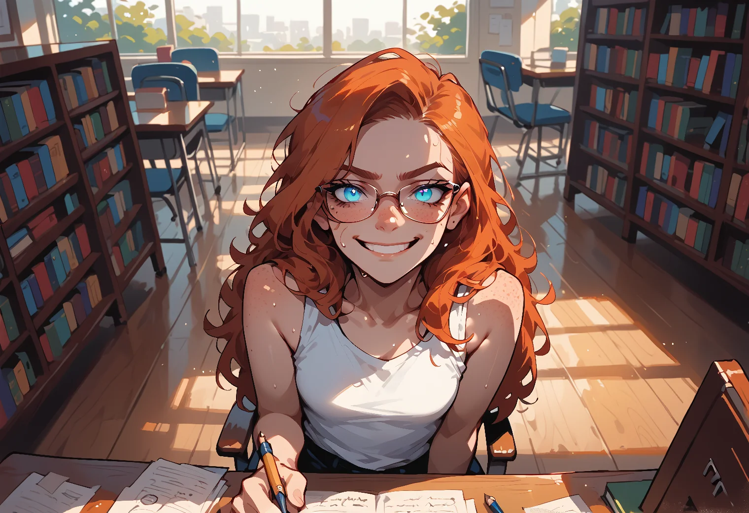 score_9, score_8_up, score_7_up, score_6_up, source_anime, lineart, portrait, from above, sidelighting, light particles, 1girl, ginger, solo, writing, holding pencil, sitting, heads up, sweat, freckles, small breasts, ginger hair, long hair, straight hair, blue eyes, glowing eyes, glasses, looking at viewer, smile, smirk, grin, frown, white tank top, indoor, library, sunset, sunny, daylight, desk, chair