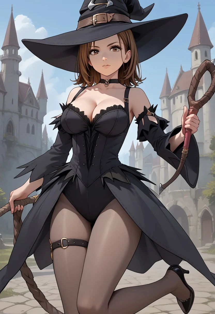 score_9,score_8_up,score_7_up, Friesia, 1girl, solo, large breasts,, brown hair, brown eyes, medium hair, FriesiaWT, pantyhose, witch hat, witch, detached sleeves, cleavage, thigh strap, high heels, choker, dress, upper body, close up face, whip, spiked, source anime,