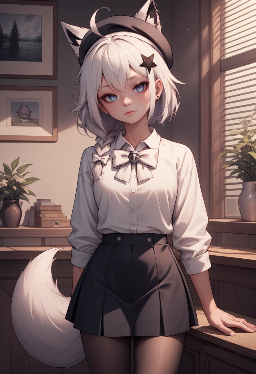 score_9, score_8_up, score_7_up, score_6_up, score_5_up, score_4_up, rating_explicit,  BREAK,  <lora:fubukiXL-10:0.75> fubukicasual, white shirt, white bow, beret, black skirt, black pantyhose, white hair, single side braid, ahoge, piercing, fox tail, pentagram leaning back
