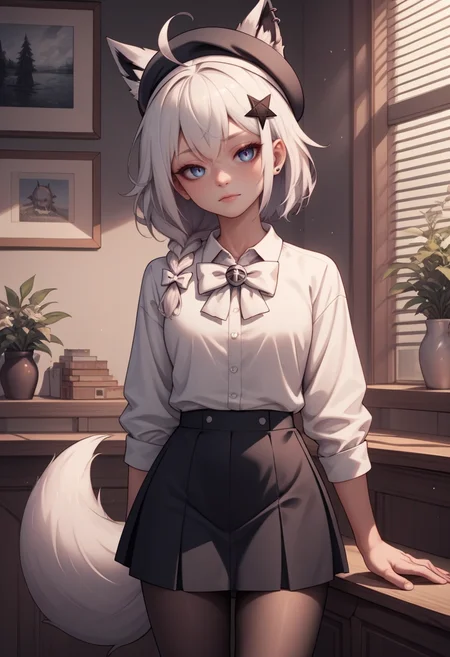 score_9, score_8_up, score_7_up, score_6_up, score_5_up, score_4_up, rating_explicit, BREAK, <lora:fubukiXL-10:0.75> fubukicasual, white shirt, white bow, beret, black skirt, black pantyhose, white hair, single side braid, ahoge, piercing, fox tail, pentagram leaning back