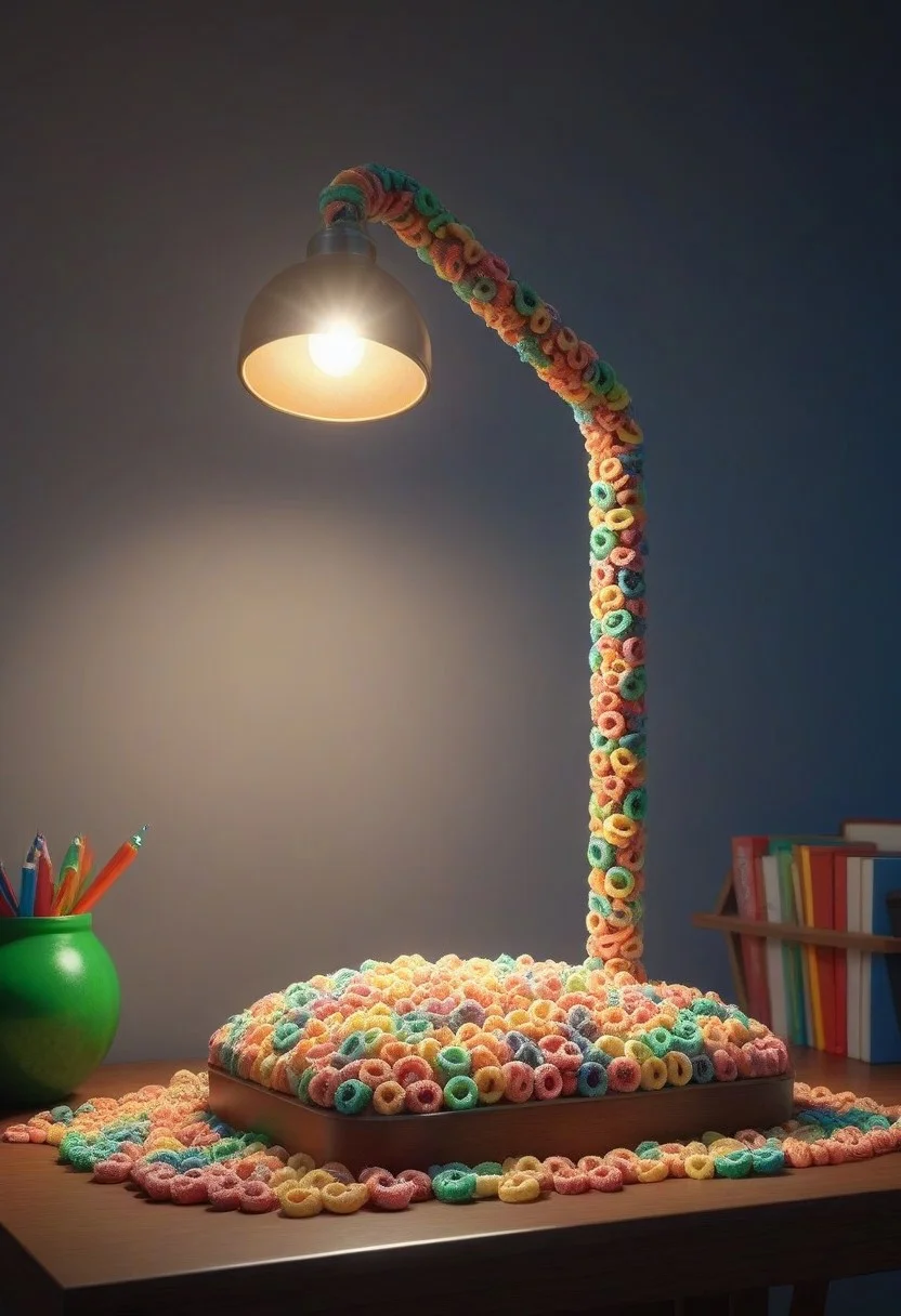 made of Fruit loops , epic picture of a desk lamp on a table, highly detailed, masterpiece, dramatic cinematic lighting, unforgettable, very intricate, high detail , photorealistic detail, ultra-realism , photorealistic, ultra detailed ,octane render, <lora:FruitLoopStyle_epoch_9:0.4>