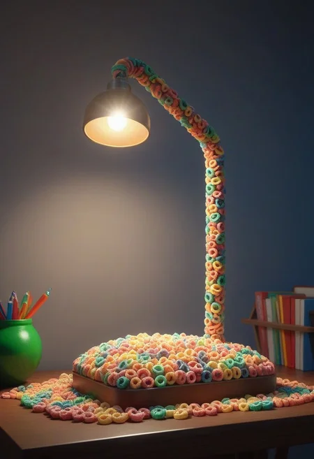made of Fruit loops , epic picture of a desk lamp on a table, highly detailed, masterpiece, dramatic cinematic lighting, unforgettable, very intricate, high detail , photorealistic detail, ultra-realism , photorealistic, ultra detailed ,octane render, <lora:FruitLoopStyle_epoch_9:0.4>