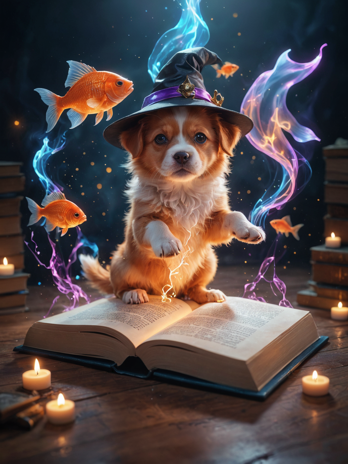 amazing quality, masterpiece, best quality, hyper detailed, ultra detailed, UHD, perfect anatomy, magic world, (doggy and fish:1.4), fish in the air, spell magic to get fresh fish as food,( fish jumping from magic book:1.3), energy flow, a full body of a cute puppy, kawaii, wearing witches robe, witches hat, holding magic book, magic book on one hand, spell magic, <lora:add-detail-xl:1.0>, extremely detailed, <lora:glowneon_xl_v1:0.75> glowneon, glowing