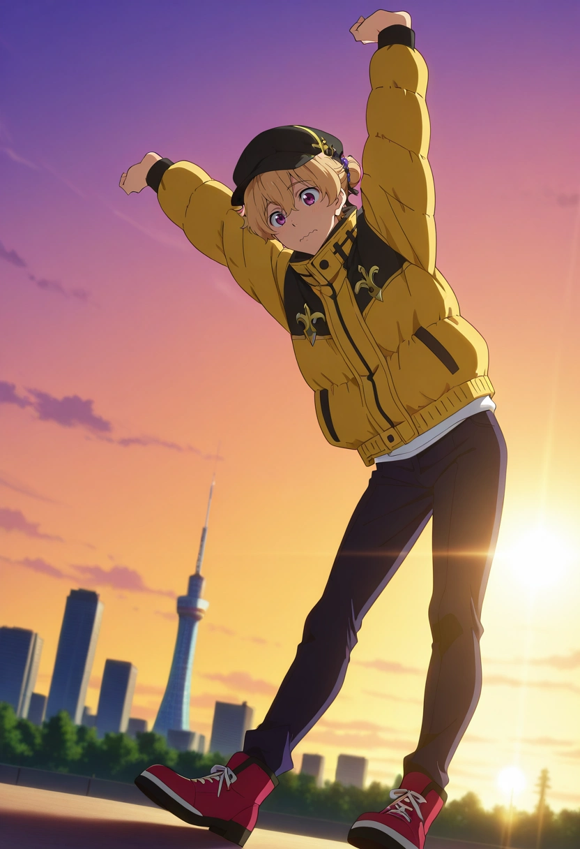 masterpiece, best quality, , anime screencap, anime coloring, official style, , 1boy, solo, male focus, <lora:nagisa_hazuki_ilxl:1>, nagisa_hazuki, blonde hair, purple eyes, panorama, skytree, light, stretching, wavy mouth, closed mouth, Fleur-de-lis Burgundy Organza Stretch chinos, Puffer jacket, Cap-toe shoes, , Hair bun holder