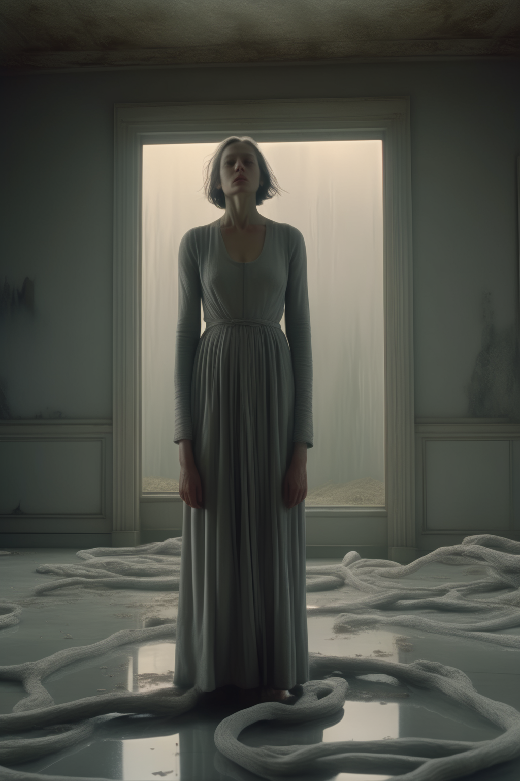 <lora:Director Lars von Trier style:1>Director Lars von Trier style - the end of times, shotshot with leica16mm, dreamlike, ethereal, soft colors, fluid, atmospheric, surreal, subtle, organic forms, fading, elusive, evocative, fractured tension, soft grey thermal color palette, distorted reality, unsettling beauty, hyperrealism, visual poetry, low contrast, raw emotion, psychological depth, rule of thirds, moody, elegant, 2020s, anguish, intensity, contemplative, tranquility, disintegration, trapped, confrontation, weightlessness, vivid colors, visceral, duality, charged, ferocity, distorted figures, entwined, sensory overload, studio lighting, global illumination, soft grey light, intricate details, fashion photography, glowing, shimmering, realistic lighting, ambient occlusion, depth of field, unreal engine 5, dlss, rtx, film grain, soft realistic shadows, highly detailed, 8k, ultra-hd, tilt blur, anti-aliasing, octane render, leading lines, realistic materials, surfaces, reflections, accurate modeling, clean geometry, high bounces, motion blur, color grading, retouching, compositing, lens flares, camera shake, motion blur, 300 DPI, 16-bit, 20 megapixels, accurate lighting setup, hdr lighting, high dynamic range, textured mapping, subsurface scattering