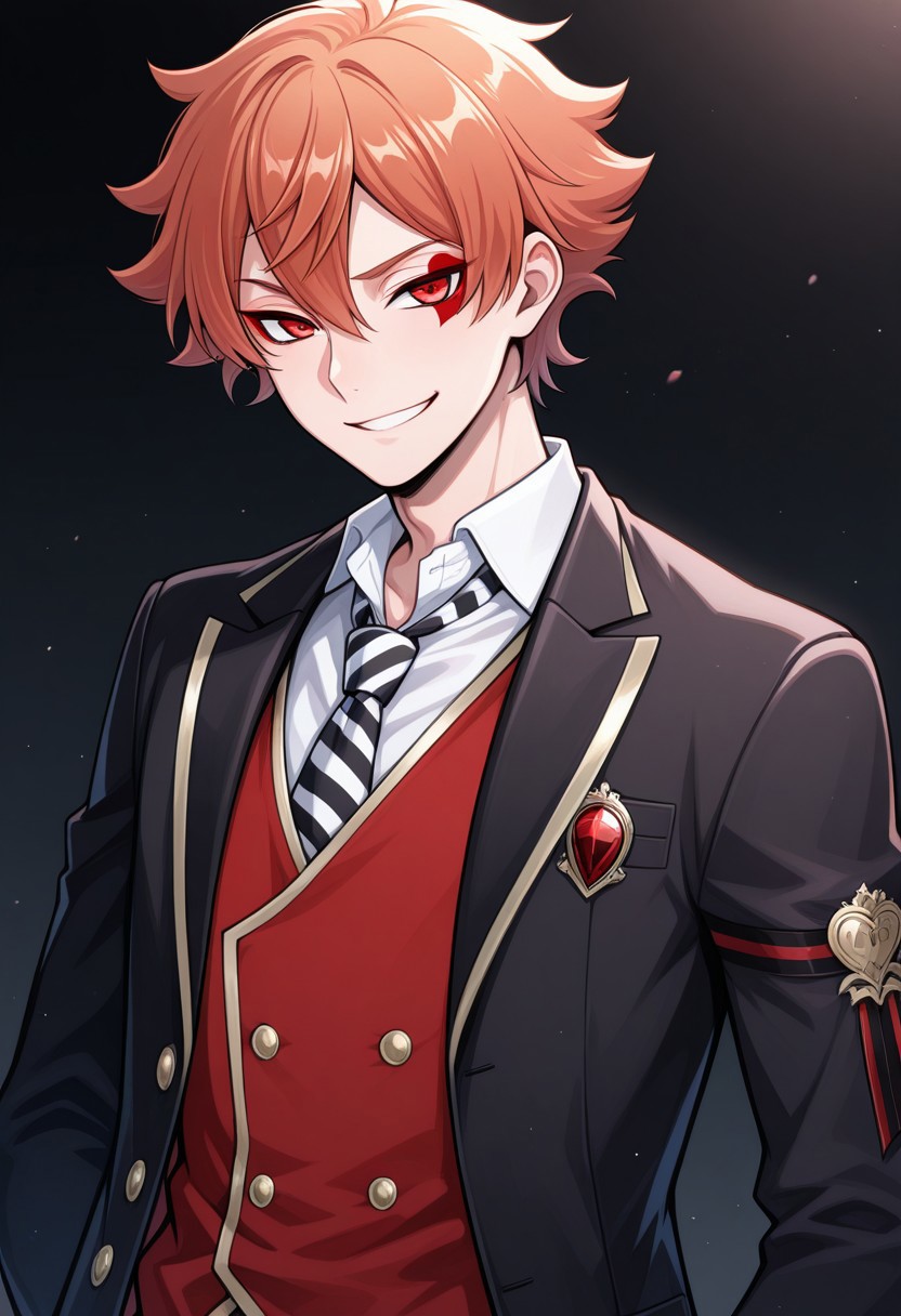 masterpiece,best quality,amazing quality, source_anime, 
acetrappola, 1boy, male focus, solo, red eyes, orange hair, facial tattoo, heart tattoo, school uniform, shirt, white shirt, collared shirt, necktie, striped necktie, black and white necktie, vest, red vest, jacket, blazer, black jacket, open jacket, smile,