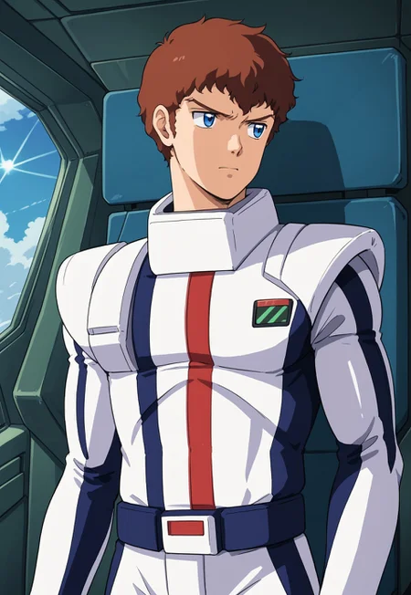 score_9, score_8_up, score_7_up, source_anime, cowboy shot, BREAK, ( amuro_ray_cca, blue eyes, brown hair, best eyes, front view, looking to the side, serious expression, mouth slightly open, talking, pilot suit, 1boy, male focus, solo, ) BREAK, nu gundam cockpit, space in background,