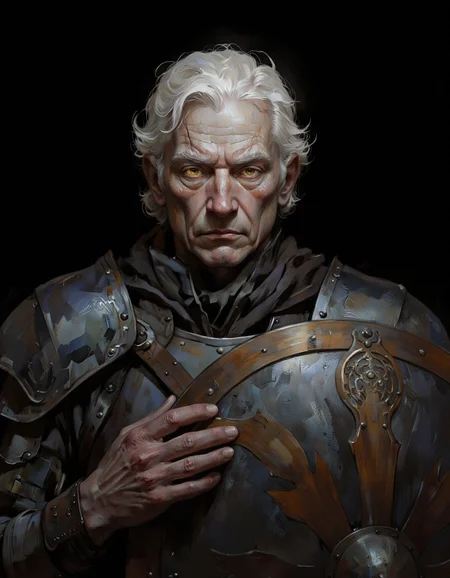 Ablatamahota style. A detailed and realistic digital illustration from a close-up camera angle about a dramatic portrait of an elderly man with white hair and glowing yellow eyes, depicted in a dark, ominous mood. the image also shows a serious expression on the man's face, with wrinkles and scars on his face. he appears to be in his late 60s or early 70s, with a wrinkled, aged appearance and white hair. his eyes are focused intently on something in the distance, and his yellow eyes seem to be piercing through the darkness. he is wearing a dark armor with intricate details, including a large, round shield with a circular emblem in the center, which he is holding in his hands. the background is a solid black color, providing a stark contrast to the dark and ominous atmosphere of the scene. the man is positioned in the middle of the image, with his upper body visible, and he is looking directly at the viewer with a serious and intense expression.