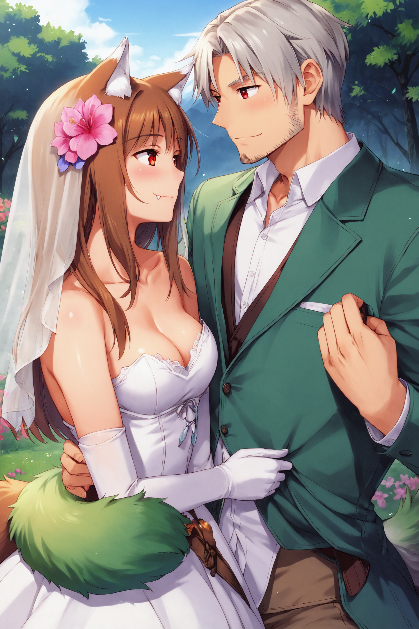 score_9,score_8_up,score_7_up,
holo,1girl,dress,1boy,Kraft Lawrence,grey hair,animal ears,breasts,flower,tail,white dress,long hair,hair flower,outdoors,red eyes,brown hair,cleavage,smile,wolf ears,white gloves,couple,wolf tail,strapless dress,hair ornament,strapless,wolf girl,shiny hair,shirt,closed mouth,hetero,gloves,jacket,pants,fang out,white shirt,shiny,pink flower,long dress,blush,open clothes,fang,open jacket,elbow gloves,sleeveless dress,vest,medium breasts,facial hair,looking at another,day,long sleeves,wedding dress,bangs,eye contact,green jacket,small breasts,straight hair,collarbone,dress shirt,sleeveless,
<lora:Koume Keito_XL_PONY:0.9>,