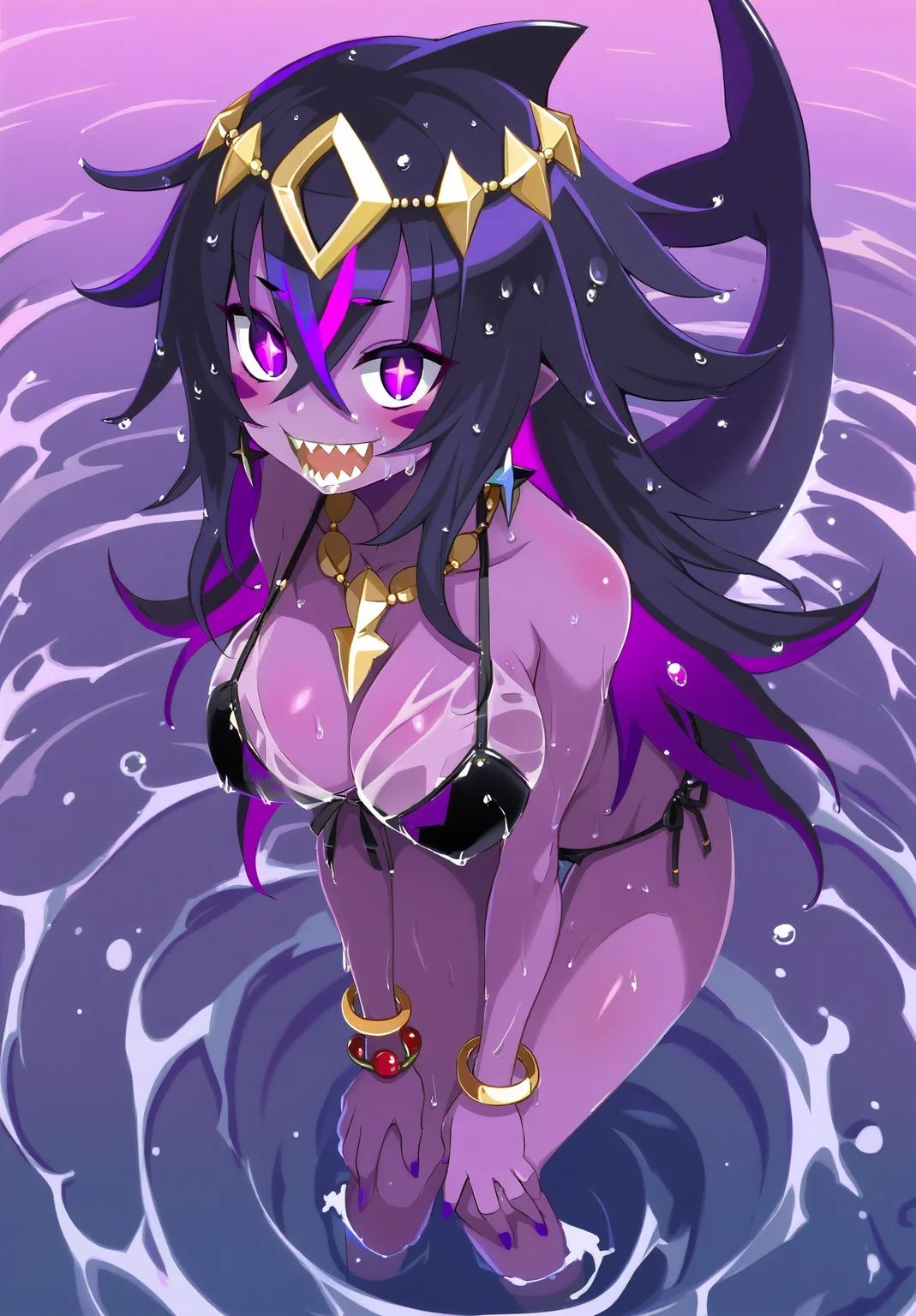 highres,absurdres,masterpiece,best quality,<lora:DisgaeaXLV3:1>,purple theme,+ +,1girl,bikini,bikini under clothes,black bikini,breasts,cleavage,colored skin,crossed bangs,facial mark,fins,fish tail,purple skin,hair between eyes,jewelry,large breasts,long hair,necklace,purple eyes,purple hair,purple nails,see-through clothes,shark girl,shark tail,sharp teeth,solo,swimsuit,tail,teeth,wet,wet clothes,happy,hands on own knees,