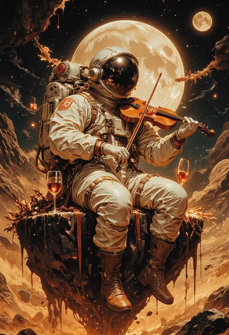 An astronaut in a vintage spacesuit sits on a hovering rock in outer space, playing a violin. Wine glasses fly around him, the earth is covered with dust, the moon hangs in the background. The atmosphere is surreal, soft diffused light, warm ochre shades. details are carefully drawn. The style is a mix of retro-futurism, surrealism and space aesthetics