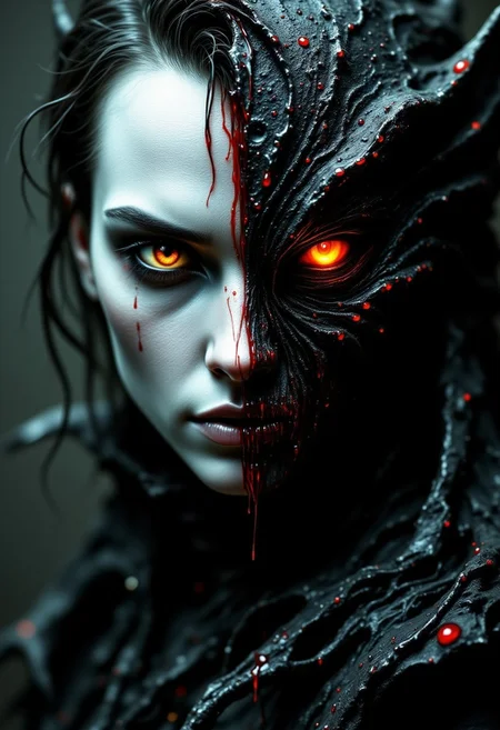 Ultra-realistic vintage-style photograph, high-resolution digital capture of a vampire lord portrait:
Aristocratic pale skin with intricate, lifelike textures. Visible pores, fine lines, and a alabaster complexion. Eyes with depth and a hint of otherworldly glow. Hair styled in a period-appropriate manner with individual strands visible.
Right side: Monstrous bat-like features with hyper-detailed skin texture resembling that of a bat's wing.
A stream of crimson blood with photorealistic liquid properties. Droplets catching the light, creating subtle rainbows. Surface tension visible where the blood meets the skin.
Dramatic chiaroscuro effect created by a cucoloris casting intricate shadow patterns. Main light source from the left, creating deep shadows on the right.
Shallow depth of field with the eyes in sharp focus, gradually blurring towards the edges.
Slight vignette darkening the corners. Film grain overlay for vintage feel. Color grading emphasizing cool tones in shadows and warm highlights.
Highly detailed skin textures. Moody atmosphere with a sense of foreboding and gothic elegance. Epic in scale despite being a close-up portrait.
Emulating high-budget production values. Bokeh effect in out-of-focus areas. Subtle imperfections like dust or scratches to enhance the vintage feel.
A hyper-realistic, cinematic portrait that blends gothic horror with cutting-edge photographic techniques, creating a visceral and unsettling image that appears both historic and timeless.