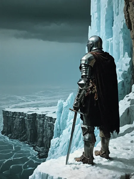 1970's dungeons and dragons dark fantasy artstyle, a knight standing at the edge of an icy cliff, watching the villiage below, grain, cinematic, realistic, photo <lora:dark_fantasy:1>