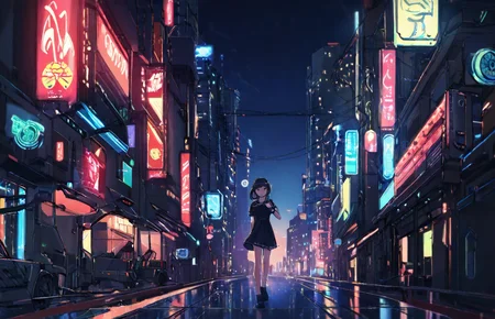 <lora:cwhyberponk1:1>,cwhyberponk1,r0k@p@nk,cwhyberponk0,cwhyberponk,str33tv13w,scenery,city,cityscape,science fiction,city lights,street,neon lights,realistic,cyberpunk,dark,, Alice Cullen, (Height, Petite, standing at approximately 4 feet 10 inches:1), (Build, Slim and graceful, with a delicate frame that emphasizes her agility and speed:1), (Hair, Short, spiky, and jet-black hair, styled in a tousled, pixie-like fashion, giving her a playful and unique look:1), (Eyes, Golden or amber-colored eyes, eyes are large and expressive, adding to her charming and mischievous aura:1), (Skin, Pale, alabaster skin that sparkles like diamonds in sunlight, as typical of vampires in the Twilight universe:1),