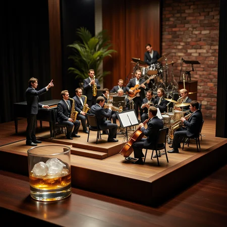 A miniature diorama of a big band playing on a stage next to a glass of whiskey with ice. 17 members in matching suits sit on the stepped stage. 4 trumpets, 4 trombones, 5 saxophones, piano, bass, drums, guitar. A supreme artistic moment where everyone is immersed in the joy of sound. A magical night, a conductor, <lora:Flux.1_Turbo_Detailer:0.7>, <lora:Diorama_Flux:0.9>