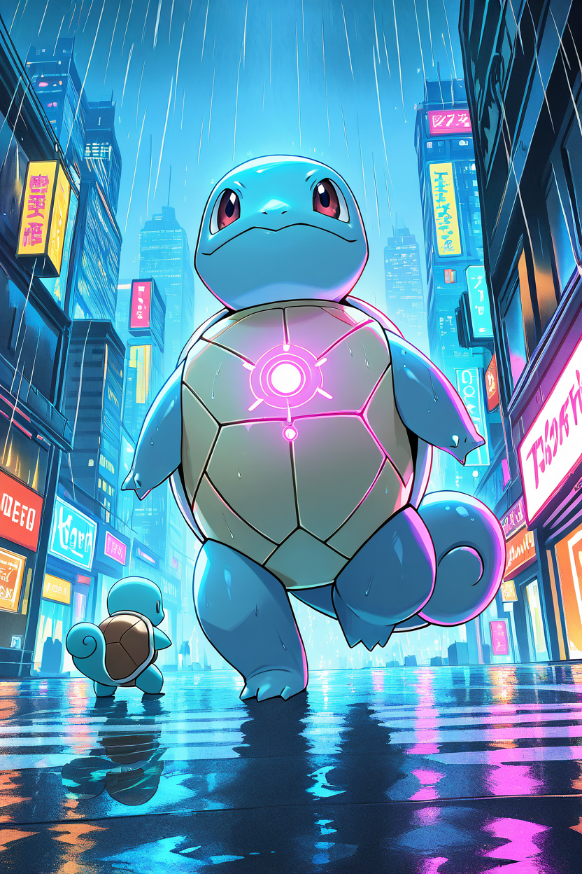masterpiece, best quality,   <lora:SquirtlePokedexIXL:1.0>,   zzSquirtle,   Neon-lit cityscape, high-tech gear, futuristic clothing, glowing tattoos, holograms, rain-soaked streets, robotic enhancements, sleek armor
