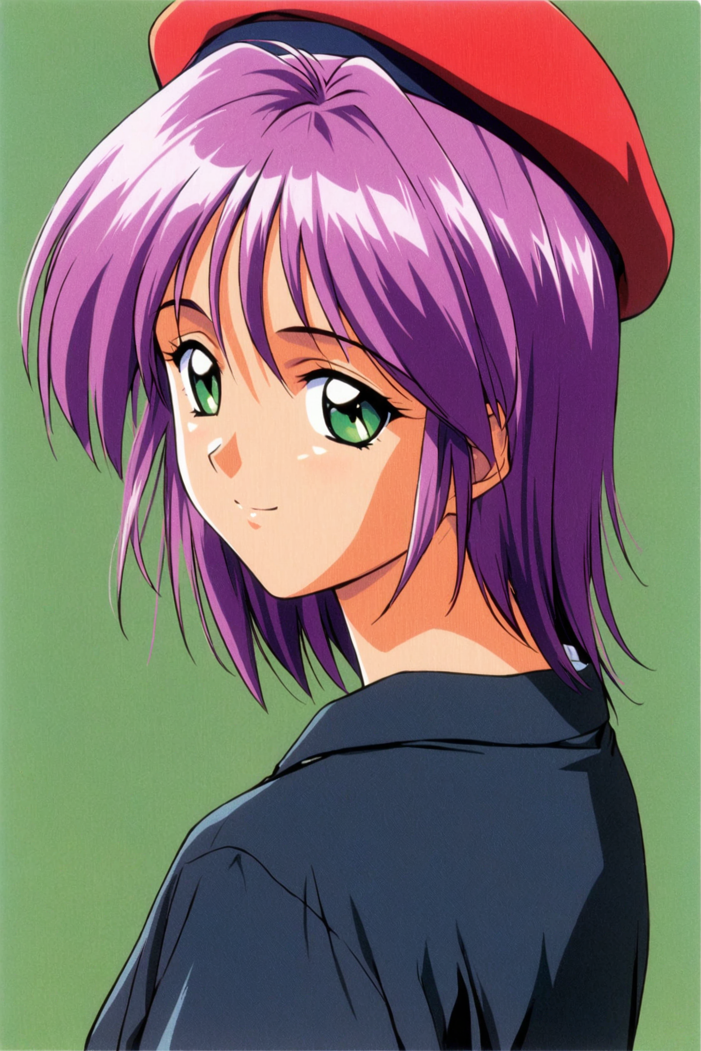 Yae Kaori,1girl,solo,green eyes,red hat,smile,beret,short hair,looking at viewer,1990s \(style\),looking back,purple hair,retro artstyle,light pink hair,simple background,
<lora:Tokimeki Memorial 2_XL:0.8>,