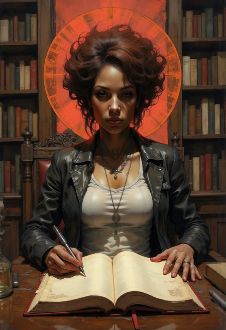 high-resolution illustration, cinematic lighting, deep contrast, and painterly soft shading. Wide angle shot of a black woman in afro hairdo sitting at a table ready to sign the title page of the book in front of her with a fountain pen. She is wearing a black leather jacket, a white tank top T-shirt. Behind her is a bookcase full of books with colorful spines. Dramatic lighting captures fine details in furniture design, intricate clothing folds, and the opulent state of the location. anime style, vibrant colors, cinematic shot, soft lighting, red background, halo behind women. <lora:PinkieSoftcoreAnimeFLUX:0.6> <lora:Vibrantly_Dark_style_v.1:0.6> <lora:Dorota_Pietrowiak:1.0>