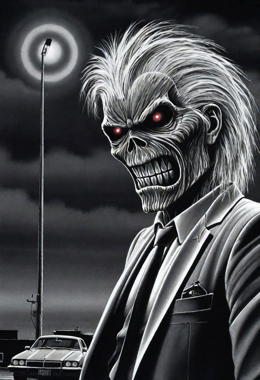 black and white illustration, masterpiece, top quality, best quality, highest quality, highest detailed, Simon Stlenhag Style, hmvi style, close up, Ink art of a monster, on a dark smoky stage, wearing noir clothing, like a suit and tie, iron maiden poster 1988, an airbrush painting,