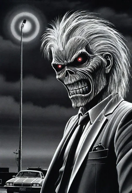 black and white illustration, masterpiece, top quality, best quality, highest quality, highest detailed, Simon Stlenhag Style, hmvi style, close up, Ink art of a monster, on a dark smoky stage, wearing noir clothing, like a suit and tie, iron maiden poster 1988, an airbrush painting,