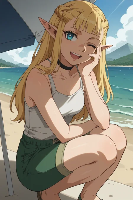 score_9, score_8_up, score_7_up, source_anime, 1girl, prefect lighting, very aesthetic, intricate details, highly detailed background, masterpiece, high quality, prefect hands, best quality, solo,
<lora:Pattadol_Dungeon_Meshi_V1:.85>, blonde hair, light blue eyes, pointy ears, pointy nose, braid, long hair,
green shorts, white tank top, black choker,
squatting, smile, one eye closed, open mouth, head tilt, hand on face,
beach, sunny, umbrella, palm tree, mountains, ocean, shoreline,
(Beautiful, small Breasts:1.2), natural breasts,