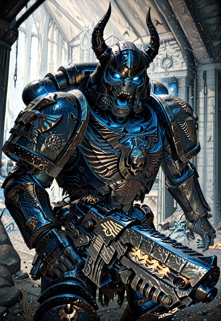 Masterpiece, best quality, absurdres, newest, highly detailed, 8k, Dr4gr, SKRM, horned helmet, vertical horns, blue zombie skin, blue glowing eyes, solo, UltraM40k, Ultramarine armor, shooting bolter, yelling, skyrim crypt background, detailed background, bltgun bolter weapon