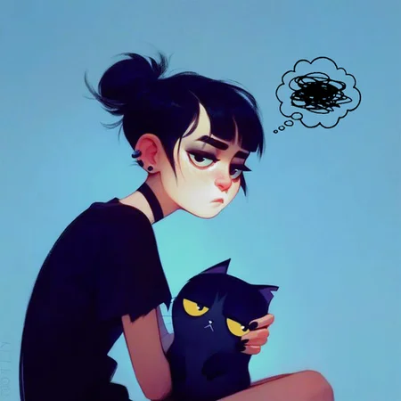 score_9, score_8_up, score_7_up, young goth girl, skinny, looking at viewer, sitting, (bags under eyes:0.4), tired, hair bun, hug sleepy black cat, by tim burton