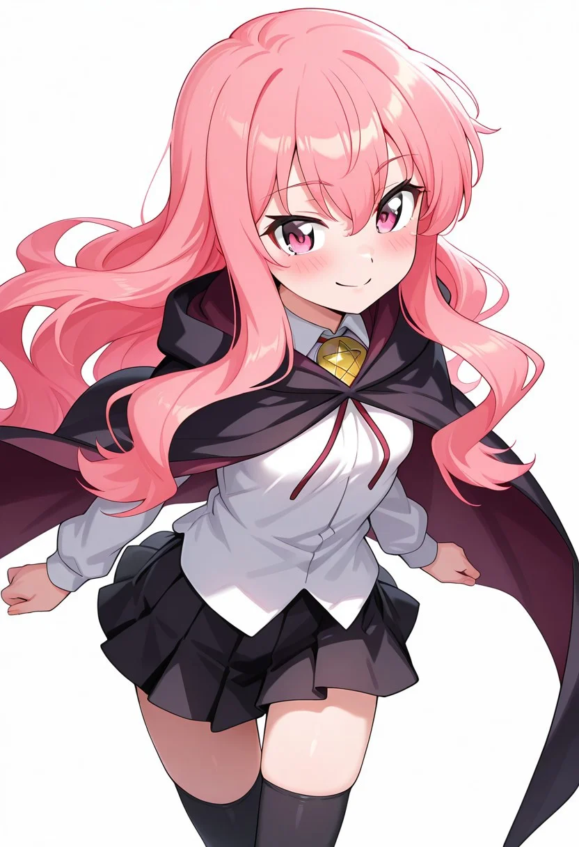 masterpiece, best quality, amazing quality, best quality, amazing quality, white background, simple background, BREAK, 1girl, solo, Louise-Liver020, black cape. black long cape, pink hair, long hair, pink eyes, white shirt, collar, gold collar, black skirt, mini skirt, louise francoise le blanc de la valliere, hair between eyes, red ribbon, red ribbon, gold collar, pentagram collar, smile, cute smile, small breasts, black skirt, mini skirt, black thighhighs,