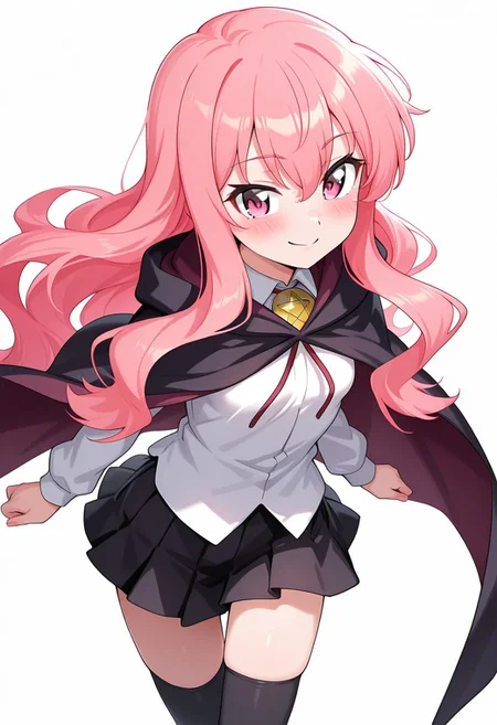 masterpiece, best quality, amazing quality, best quality, amazing quality, white background, simple background, BREAK, 1girl, solo, Louise-Liver020, black cape. black long cape, pink hair, long hair, pink eyes, white shirt, collar, gold collar, black skirt, mini skirt, louise francoise le blanc de la valliere, hair between eyes, red ribbon, red ribbon, gold collar, pentagram collar, smile, cute smile, small breasts, black skirt, mini skirt, black thighhighs,