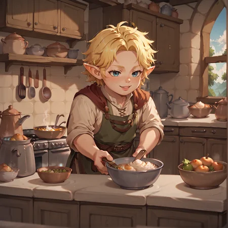 1boy, blonde hair, holding bowl, pointy ears, kitchen, <lora:Halflings_Pony_XL:1>, halflings, hobbits, BREAK score_9, score_8_up, score_7_up, best quality, masterpiece, 4k, prefect lighting, very aesthetic, anime, zPDXL2, <lora:IriaStylePony:0.8>, IRIaStyle, chibi