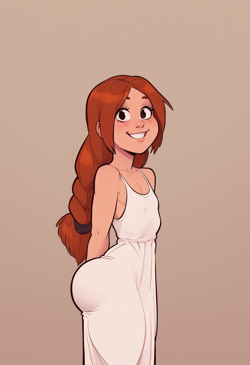 core_9, score_8_up, score_7_up, score_6_up, 1girl, auburn hair, long hair, pigtail hair, collarbone, sleeveless dress, white dress, petite, 19 years old, round face, very petite, cute, round face, natural ass, thick thighs, flat chest, smile, bedroom background, standing, ass view