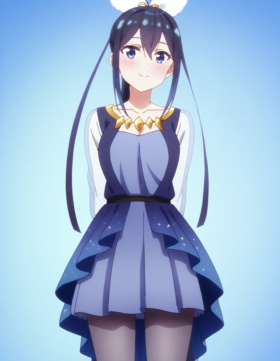 1girl, solo, cowboy shot, hananoi rena, selection project, feather hair ornament, hair ribbon, blue idol costume, grey pantyhose, standing, arms behind back, looking at viewer, smile, blush, (simple background, white background), BREAK, <lora:iSelePro:0.75>,
very aesthetic, high definition, amazing quality, masterpiece, best quality, highres, absurdres, sensitive, newest, anime screenshot, screencap