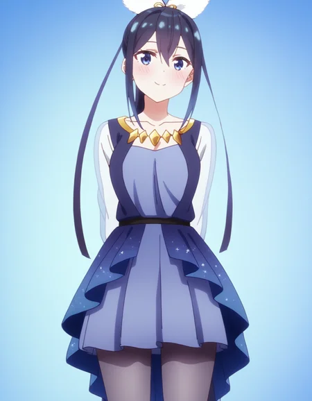 1girl, solo, cowboy shot, hananoi rena, selection project, feather hair ornament, hair ribbon, blue idol costume, grey pantyhose, standing, arms behind back, looking at viewer, smile, blush, (simple background, white background), BREAK, <lora:iSelePro:0.75>,
very aesthetic, high definition, amazing quality, masterpiece, best quality, highres, absurdres, sensitive, newest, anime screenshot, screencap