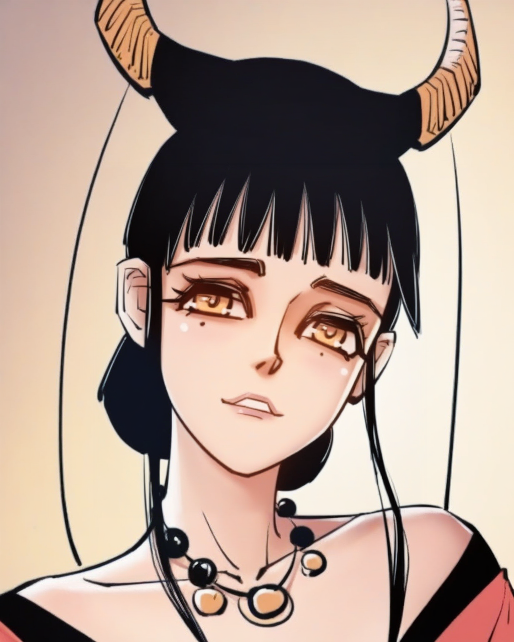 masterpiece,best quality,curvy,venus body,
<lora:jiangtong:1>,jiangtong,1girl,solo,horns,looking at viewer,jewelry,necklace,parted lips,portrait,demon horns,head tilt,collarbone,brown eyes,