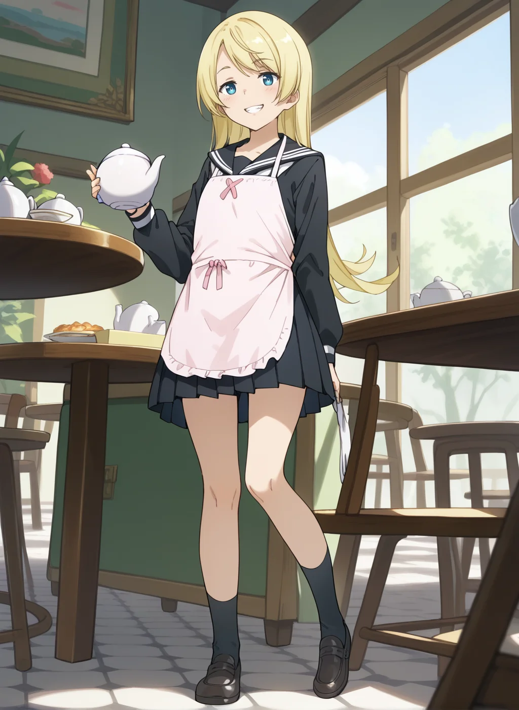 score_9,score_8_up,score_7_up,source_anime,anime,nsfw,rating_explicit,uncensored,High quality,Ultra detailed,best quality,insanely detailed,beautiful,masterpiece,prefect lighting BREAK
<lora:shiina_anzu_V1:1>,(shiina_anzu, blonde hair, long hair, blue eyes, flat chest, school uniform, serafuku, black serafuku, long sleeves,pleated skirt,socks,shoes,apron),1girl,solo,indoors,cafe,grin,standing,from_below,full body,holding teapot,looking_at_viewer,