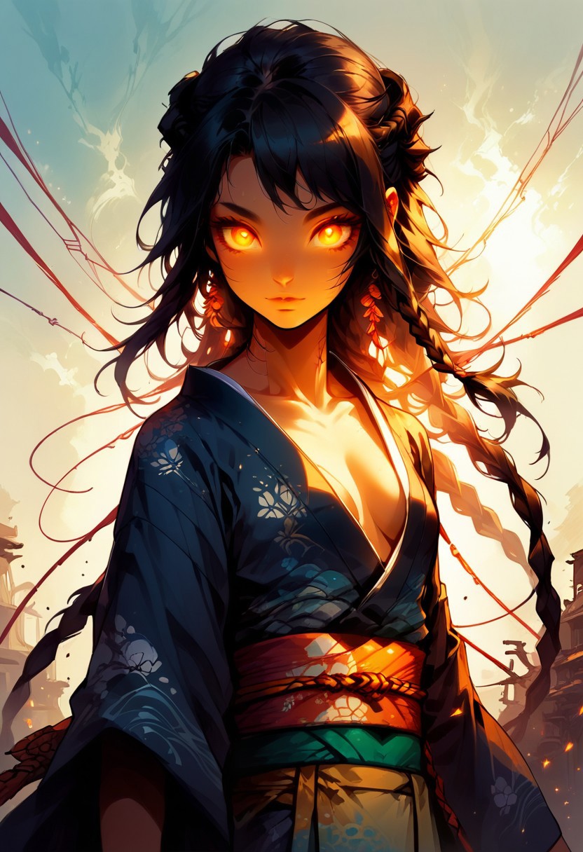 score_9, score_8_up, (1girl cute petite young)) , character focus:1.1, (dynamic angle:1.2), high resolution, 8k, sharp, a cute girl, cute eyes, detail eyes, (kimono, japanese clothes:1.2), (small breasts), cleavage, (sagging breasts:0.6), slender, (pale skin:0.8), black hair, long hair, braid, cowboy shot, (dutch angle:1.2), dynamic pose, god rays, light, gold and black skin, sky, advntr, reelmech, mechanical parts, cable, wires, machinery, joints, body suit, glowing, glowing eyes, black hair,