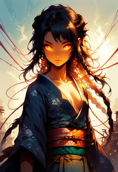 score_9, score_8_up, (1girl cute petite young)) , character focus:1.1, (dynamic angle:1.2), high resolution, 8k, sharp, a cute girl, cute eyes, detail eyes, (kimono, japanese clothes:1.2), (small breasts), cleavage, (sagging breasts:0.6), slender, (pale skin:0.8), black hair, long hair, braid, cowboy shot, (dutch angle:1.2), dynamic pose, god rays, light, gold and black skin, sky, advntr, reelmech, mechanical parts, cable, wires, machinery, joints, body suit, glowing, glowing eyes, black hair,