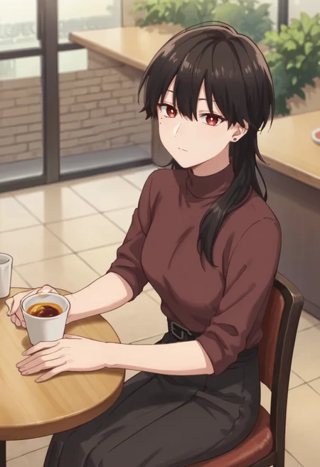 score_9,score_8_up,score_7_up,score_6_up,score_5_up,score_4_up,anime coloring,source_anime,<lora:Suou_How_I_Attended_an_All-Guys_Mixer_Pony:0.7>,suou,1girl,solo,red eyes,black hair,long hair,earrings,mole under eye,turtleneck,skirt,sitting,cafe,chair,looking_at_viewer,