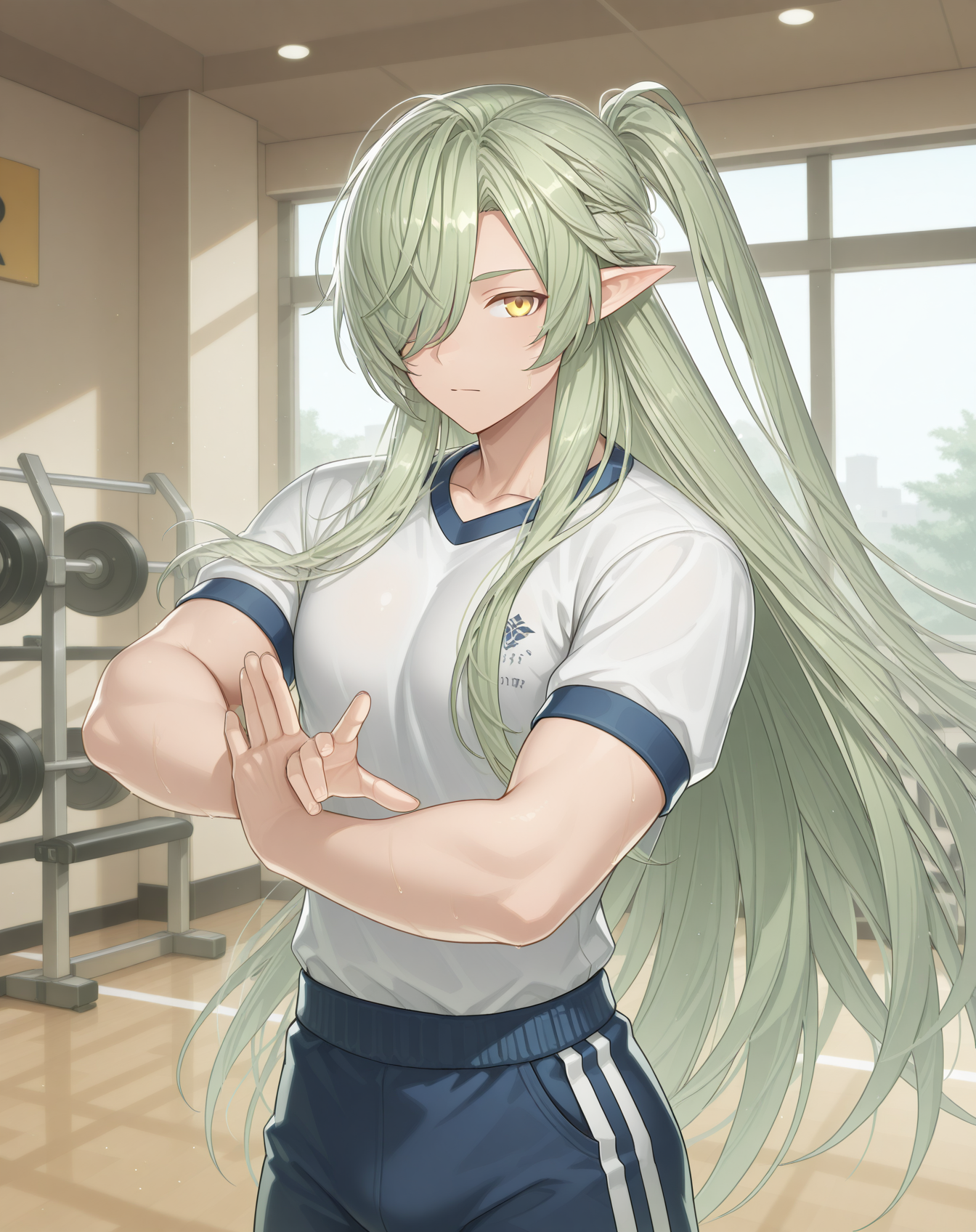 masterpiece,best quality,amazing quality, newest, very aesthetic, absurdres,
1boy, solo, yaoi, male focus, looking at viewer, cowboy shot, standing,
 <lora:Zero_T_FSI_ilxl:1>  zerotfsi, hair over one eye, green hair, pointy ears,yellow eyes, ponytail, half updo, elf, hair between eyes,sidelocks, one eye covered,
gym uniform, gym shorts, gym shirt,
indoors, gym,