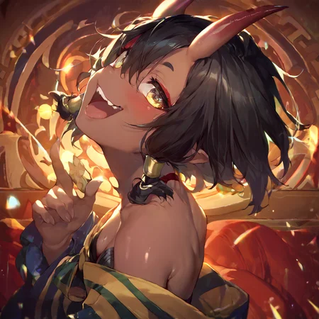 score_9, score_8_up, score_7_up, 1girl, high quality, best quality, masterpiece, japnese interior background, rating_questionable,
<lora:tiona-pdxl-nvwls-v1:1> tiona hiryute, black hair, dark-skinned female, short hair, hair tubes, hair between eyes, small breasts,
<lora:oni_girl_pony:1> oni, horns, oni horns, skin-covered horns,
drunk, blushing, naughty face, lights smile, , open mouth, shiny skin, love, in love, happy, crawling,
black yukata, cleavage,
<lora:Perfect Hands:1> perfect, hands, 5 fingers per hand
zPDXL <lora:shaft_head_tilt-PD-1.0-all:1> shaft head tilt
